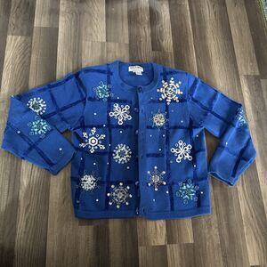 Jack B Quick Petites Large Blue Snowflake Vintage Holiday Button Up Sweater